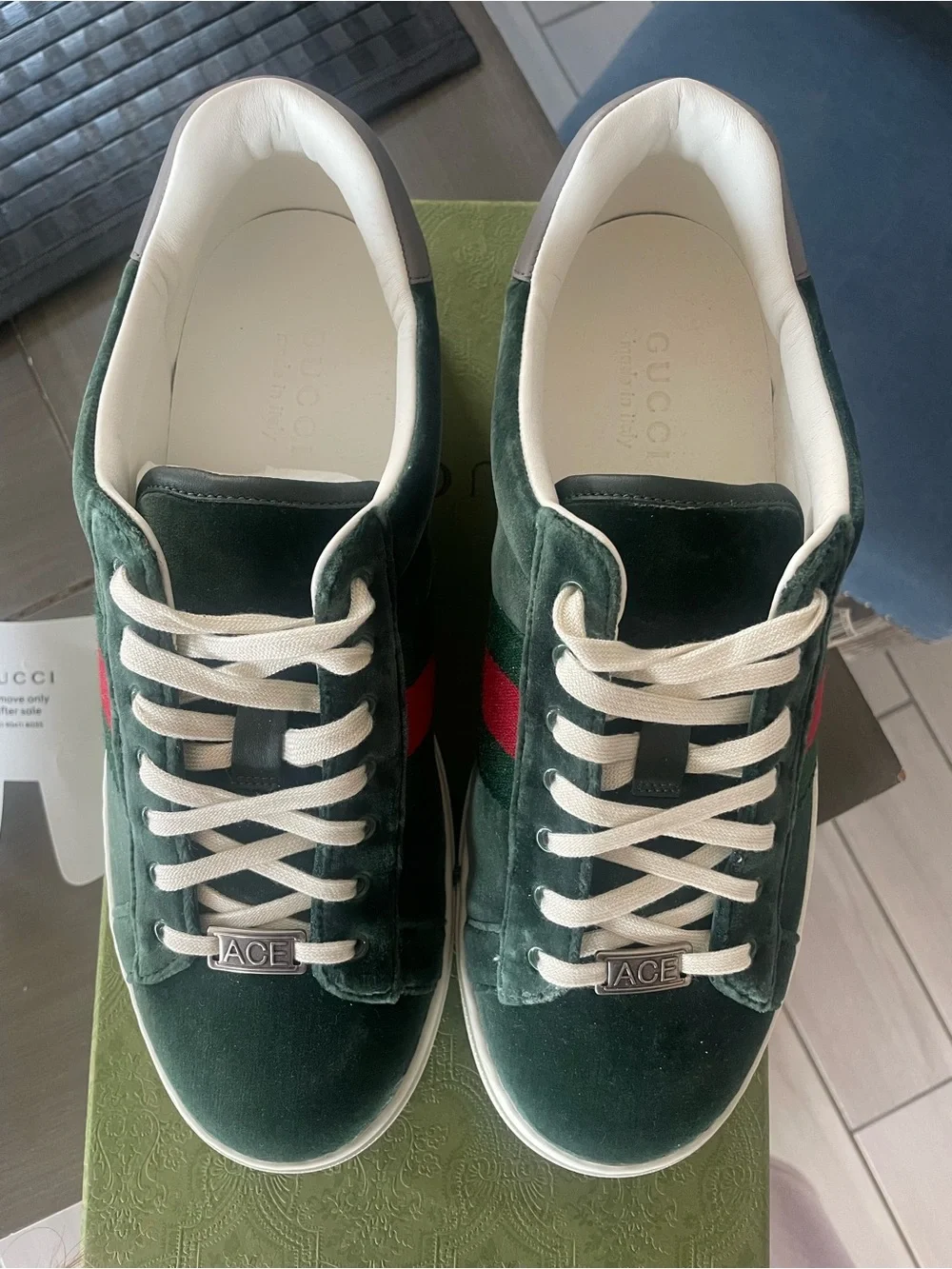 Gucci Green Velvet Sneakers with Red & Green Web Stripe